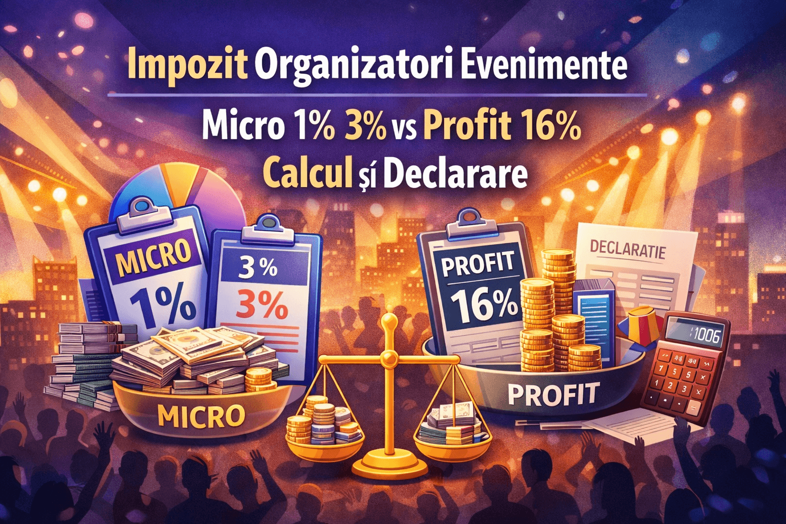 Impozit Organizatori Evenimente: Micro 1-3% vs Profit 16%